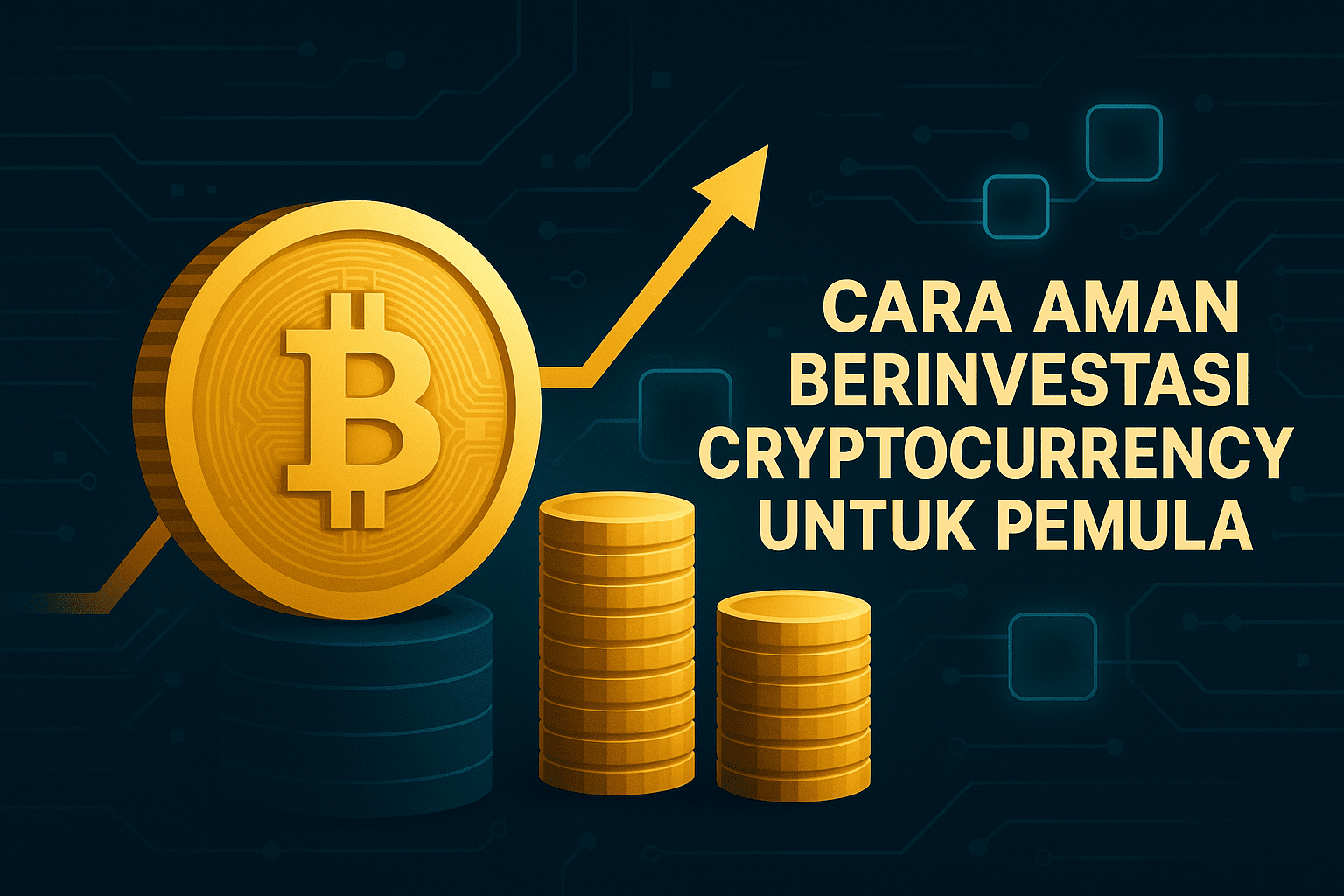 Ilustrasi digital modern menampilkan simbol Bitcoin, Ethereum, dan jaringan blockchain hologram dengan nuansa futuristik biru dan emas.