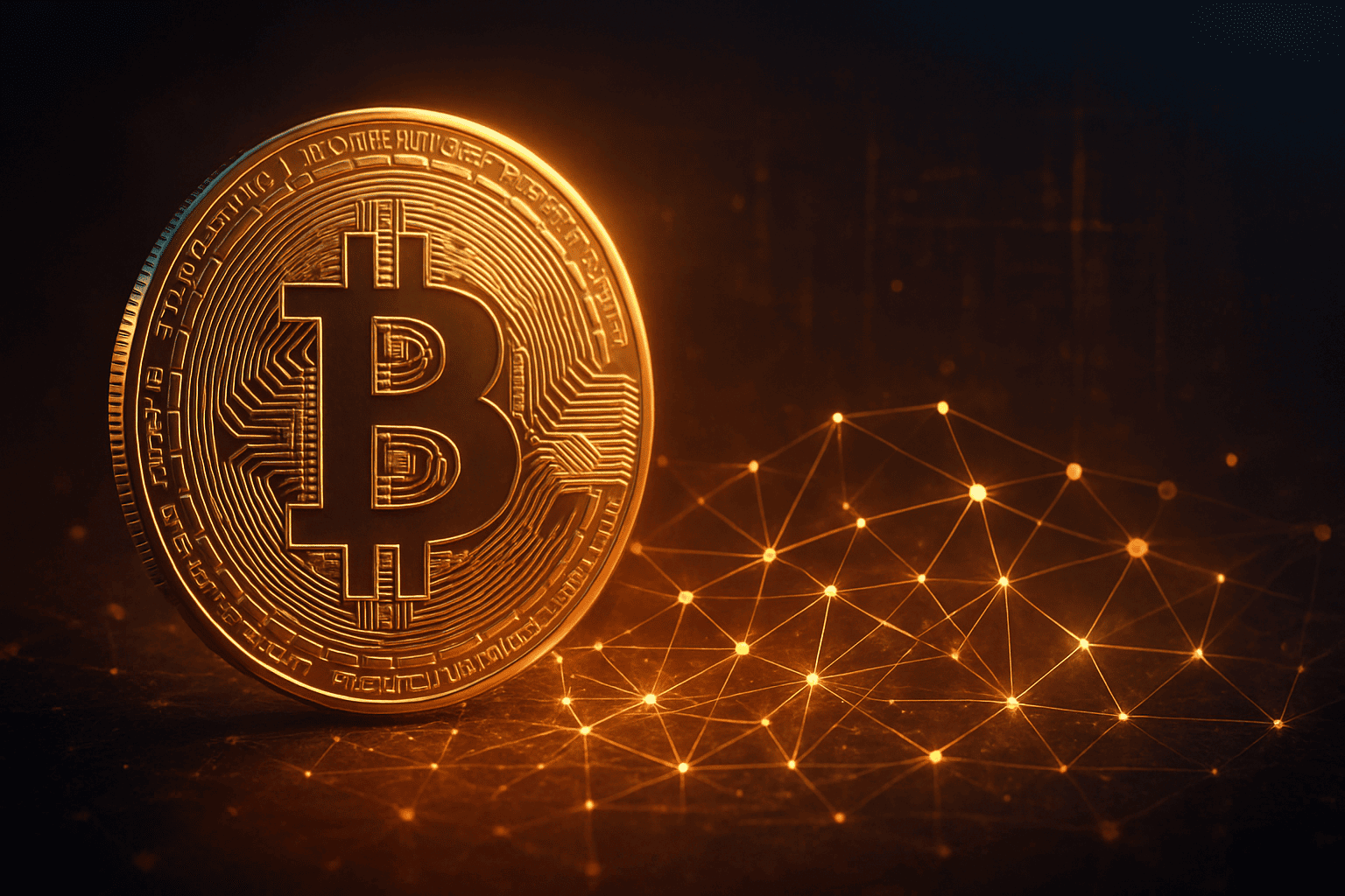 Ilustrasi modern Bitcoin emas dengan simbol B besar di samping jaringan blockchain bercahaya oranye di atas latar gelap futuristik.