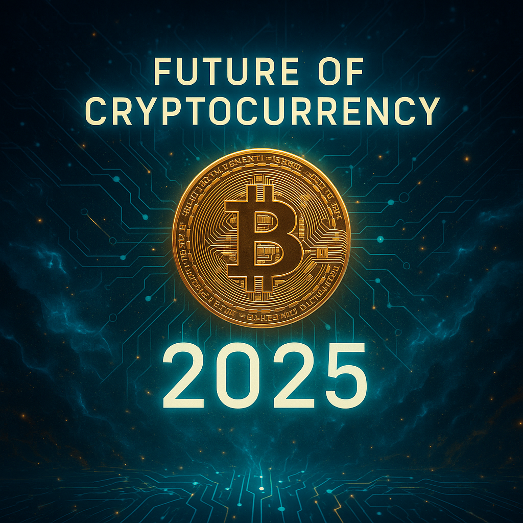 Ilustrasi futuristik tentang masa depan cryptocurrency 2025 dengan koin Bitcoin emas bercahaya, jaringan blockchain digital biru, dan latar belakang cyber abstrak.