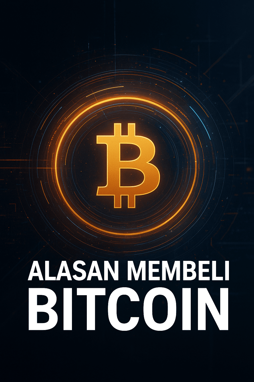 Desain futuristik simbol Bitcoin berwarna emas dengan efek cahaya modern dan teks alasan membeli Bitcoin