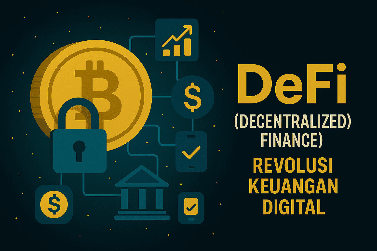 Ilustrasi digital modern tentang DeFi (Decentralized Finance) dengan simbol blockchain, jaringan keuangan global, dan koin kripto seperti Bitcoin dan Ethereum dalam nuansa futuristik biru-hijau.