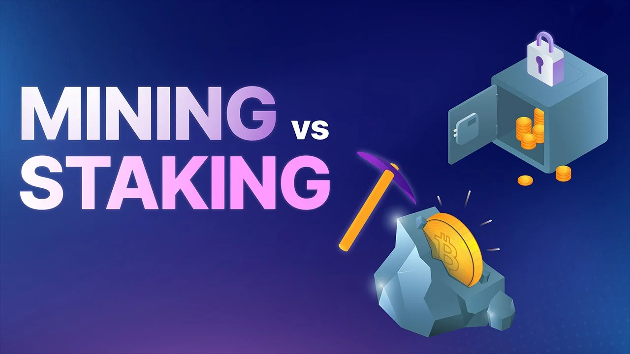 perbandingan antara mining dan staking cryptocurrency, dengan ikon Bitcoin dan perangkat mining di kiri, serta tumpukan koin staking dengan ceklis di kanan. Teks 'Mining vs Staking' dan pertanyaan 'Mana yang Lebih Cuan di Dunia Crypto?' di bagian bawah.