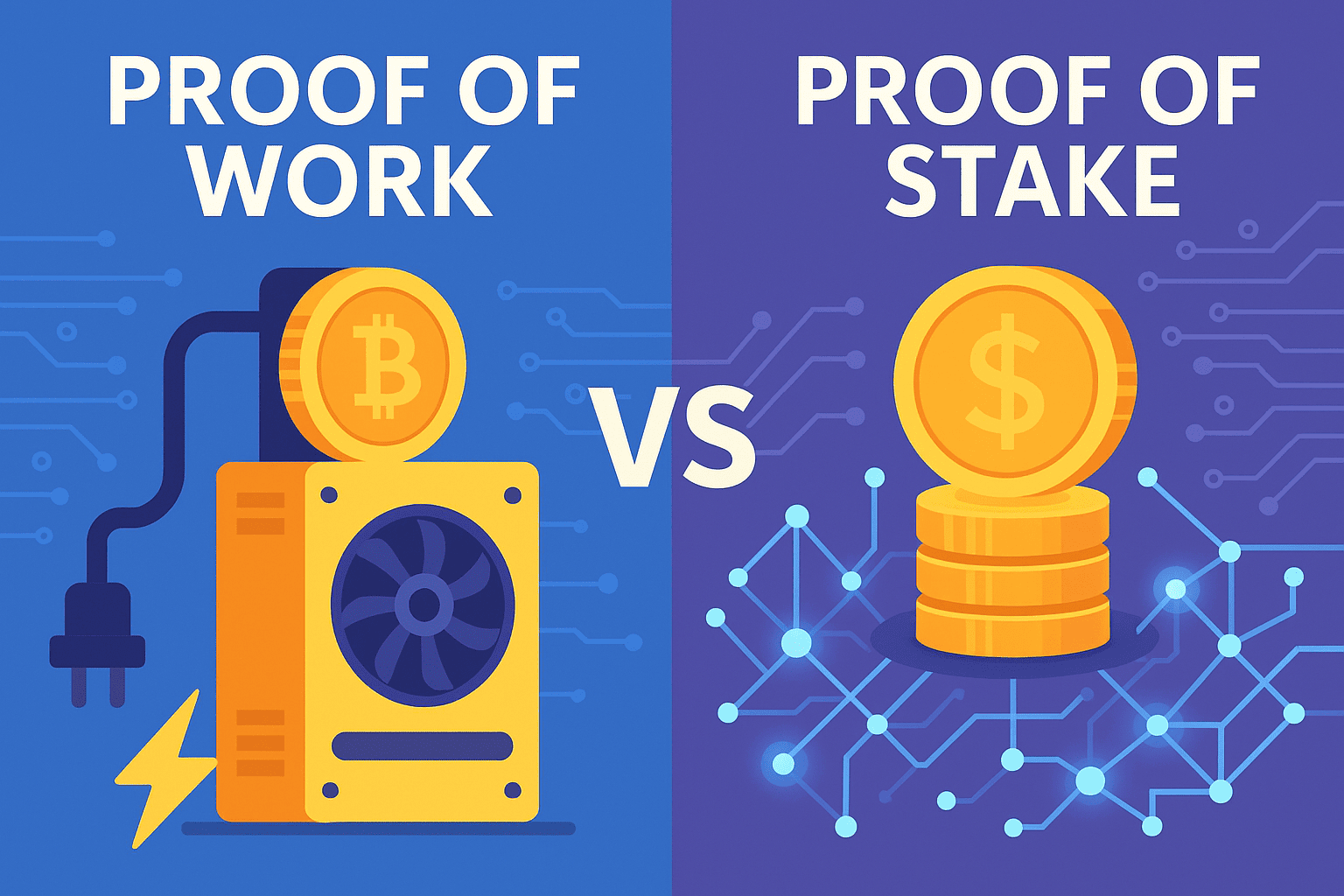 Ilustrasi digital flat-style membandingkan Proof of Work (mesin mining dengan listrik) dan Proof of Stake (tumpukan koin di atas jaringan blockchain), dipisahkan dengan teks "VS".