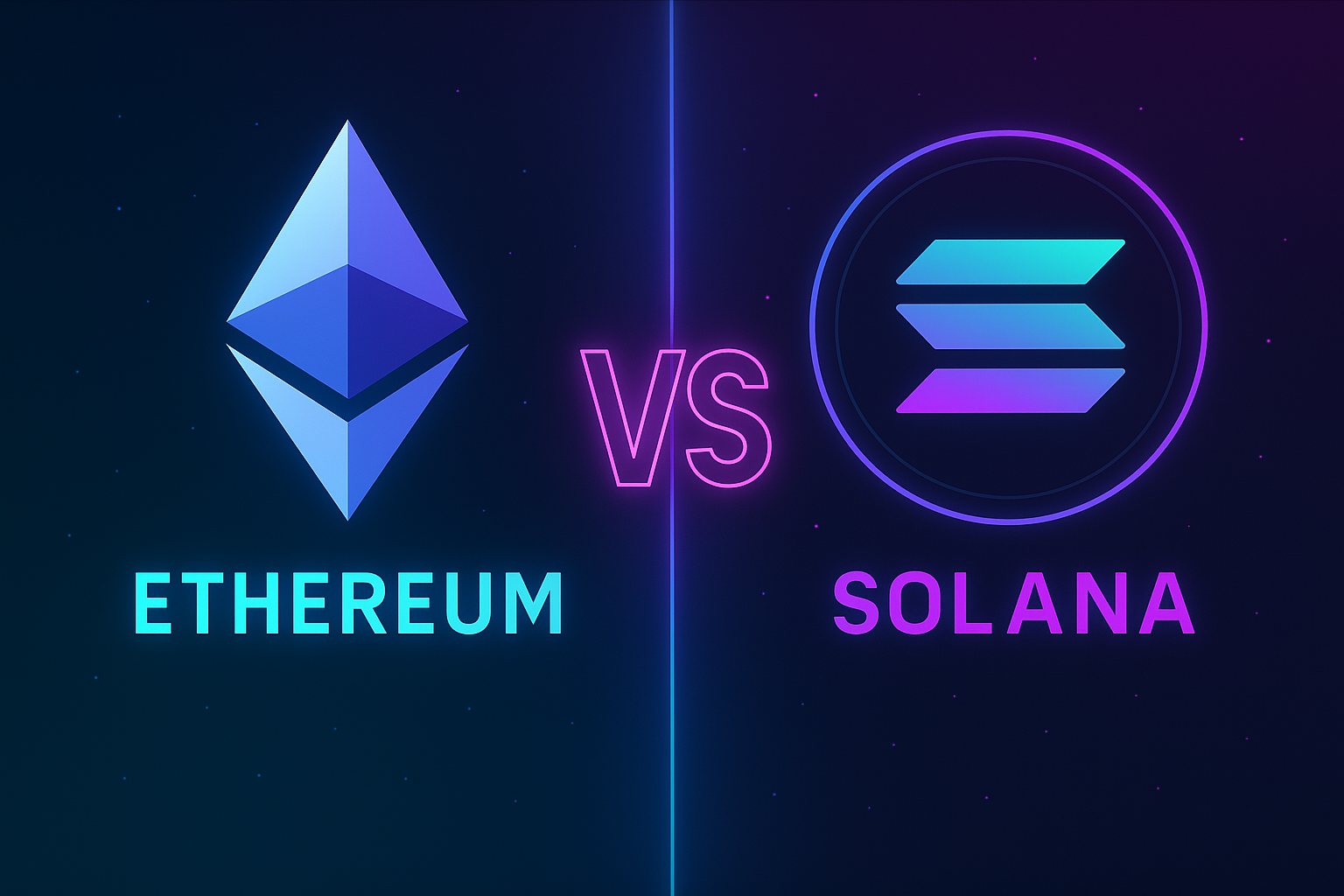 Ilustrasi futuristik Ethereum vs Solana dengan simbol ETH dan SOL bercahaya neon biru-ungu, dipisahkan garis bercahaya dengan tulisan “VS” di tengah.