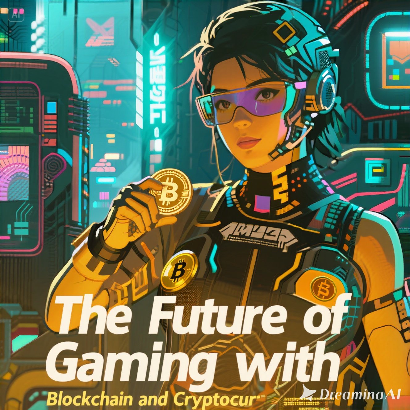 Ilustrasi konsep GameFi dengan karakter game, token cryptocurrency, dan elemen blockchain yang terhubung, menggambarkan masa depan gaming digital.