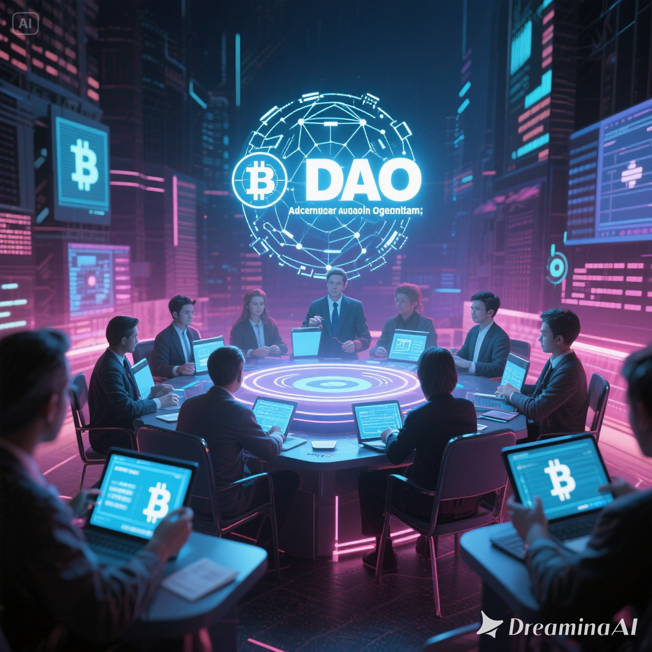 Ilustrasi digital tiga orang sedang melakukan voting dengan simbol blockchain dan Bitcoin, menggambarkan konsep demokrasi digital DAO di dunia crypto.