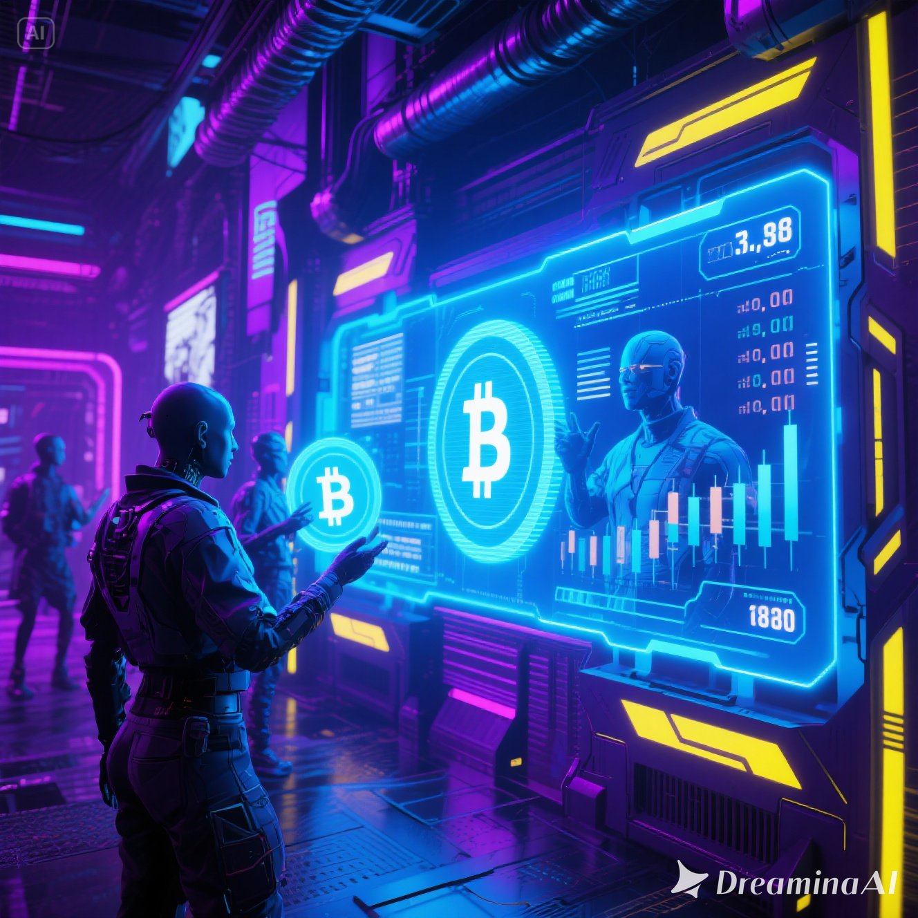 Ilustrasi digital futuristik menampilkan avatar manusia dengan headset VR berdiri di dunia virtual neon, dikelilingi ikon cryptocurrency Bitcoin dan Ethereum yang menyala.f