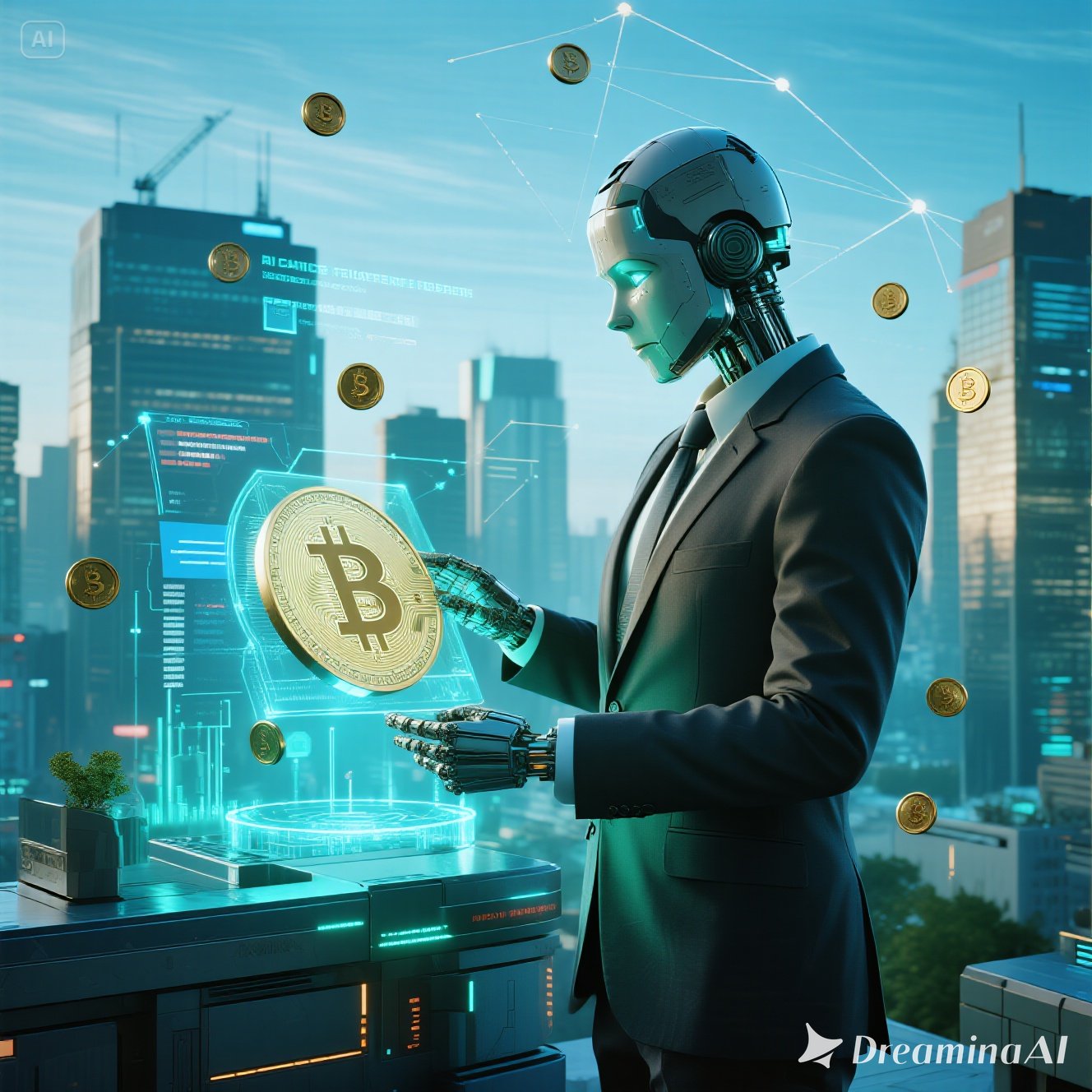 Ilustrasi AI dan blockchain terhubung dengan simbol cryptocurrency, jaringan digital, dan teknologi masa depan.