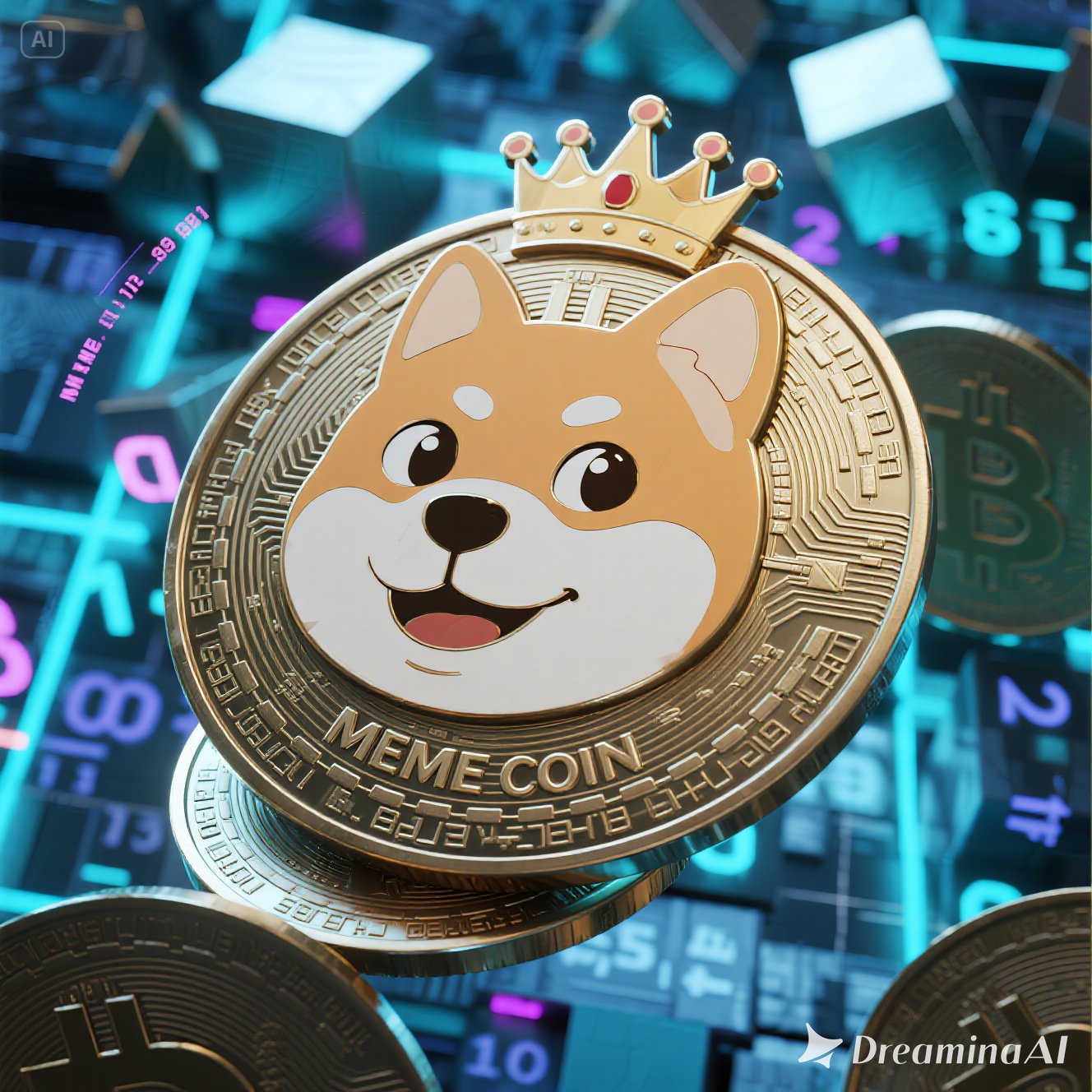 "Ilustrasi meme coin populer seperti Dogecoin dan Shiba Inu dengan ikon kripto dan simbol internet culture.