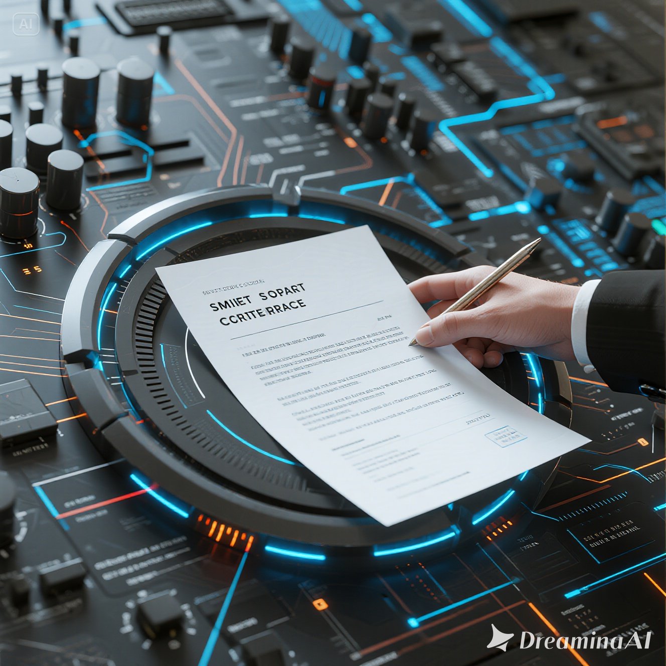 Ilustrasi smart contract di blockchain dengan simbol keuangan digital, e-commerce, dan teknologi modern.