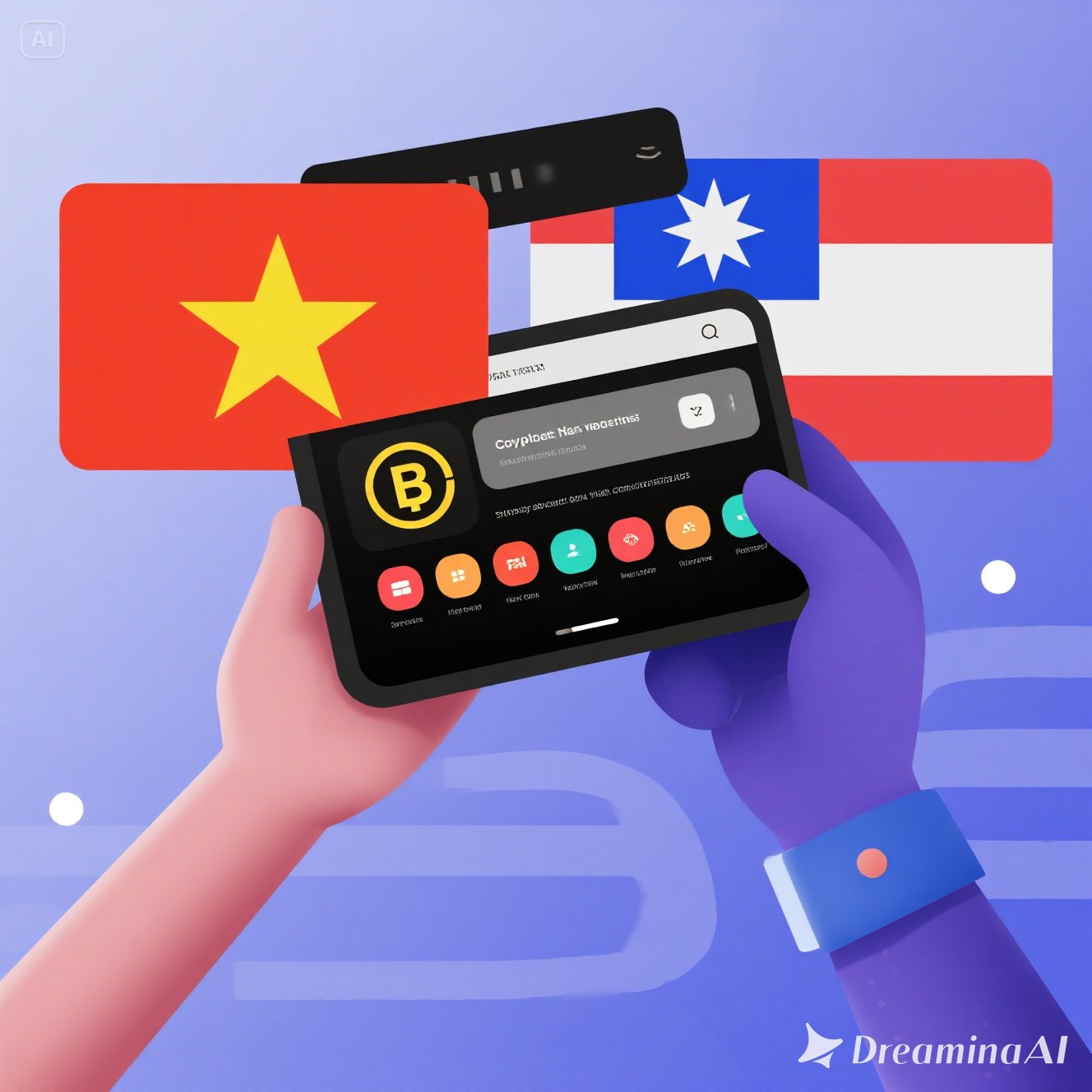 Kolase peta Asia Tenggara dengan ikon Bitcoin dan blockchain di Indonesia, Vietnam, dan Filipina."