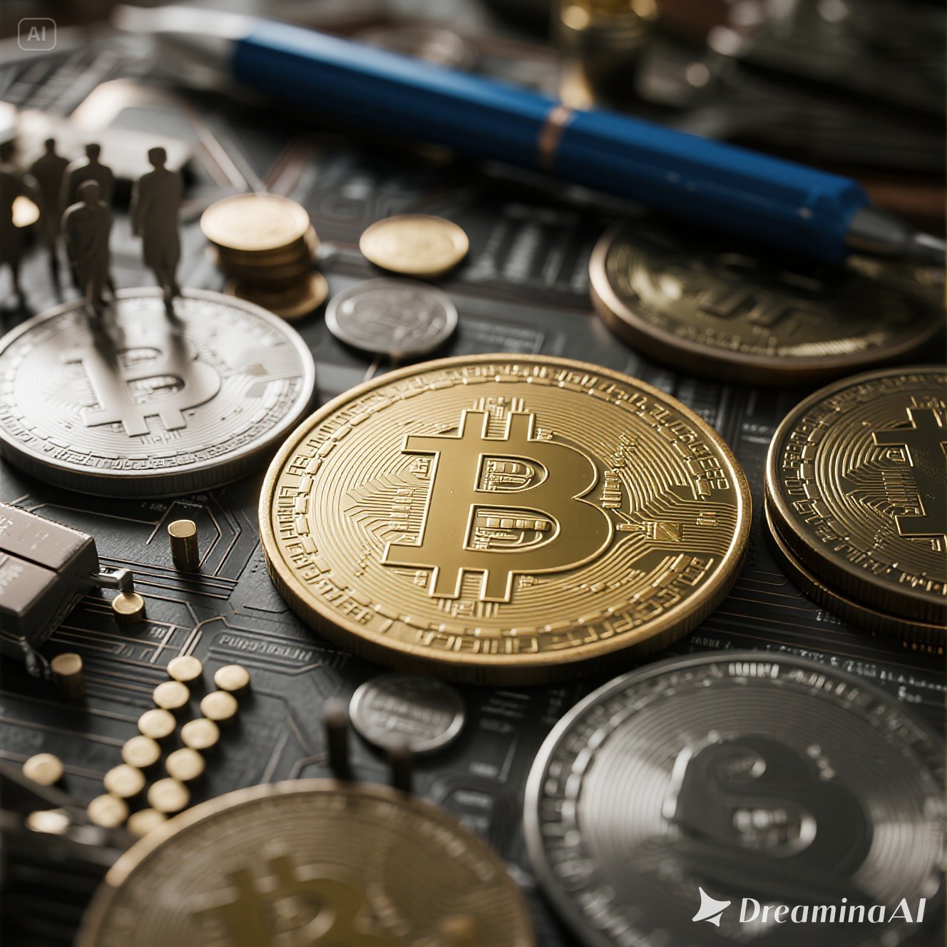 Ilustrasi pajak kripto global dengan simbol bitcoin, grafik pajak, dan bendera berbagai negara.