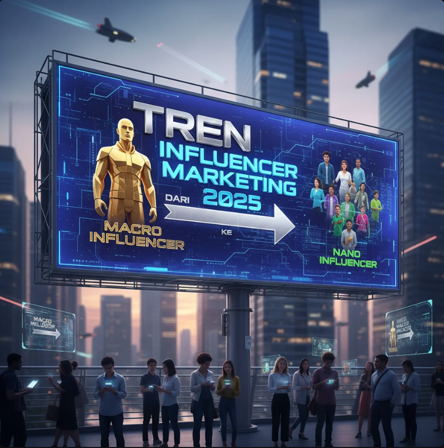 Kolase influencer dari berbagai latar dengan ponsel, kamera, dan layar data analitik menunjukkan evolusi dari macro ke nano influencer.