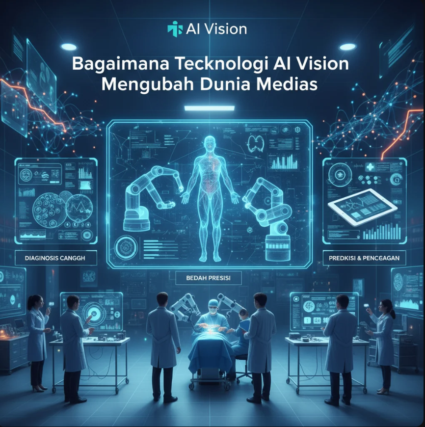 Ilustrasi dokter menggunakan sistem AI Vision untuk menganalisis hasil scan otak pasien di layar digital.