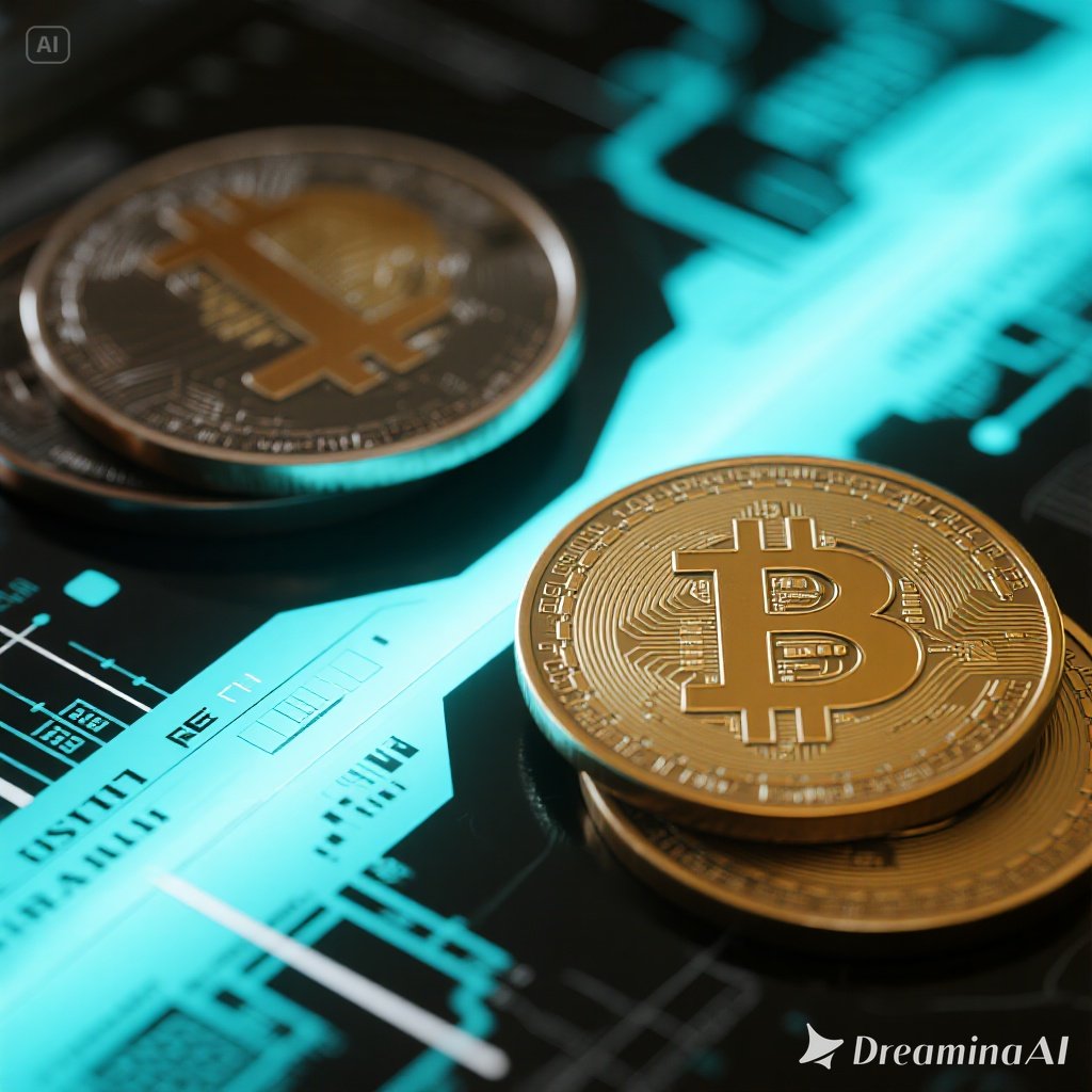 Ilustrasi bank tradisional dan fintech crypto yang berdiri berseberangan namun terhubung teknologi blockchain.