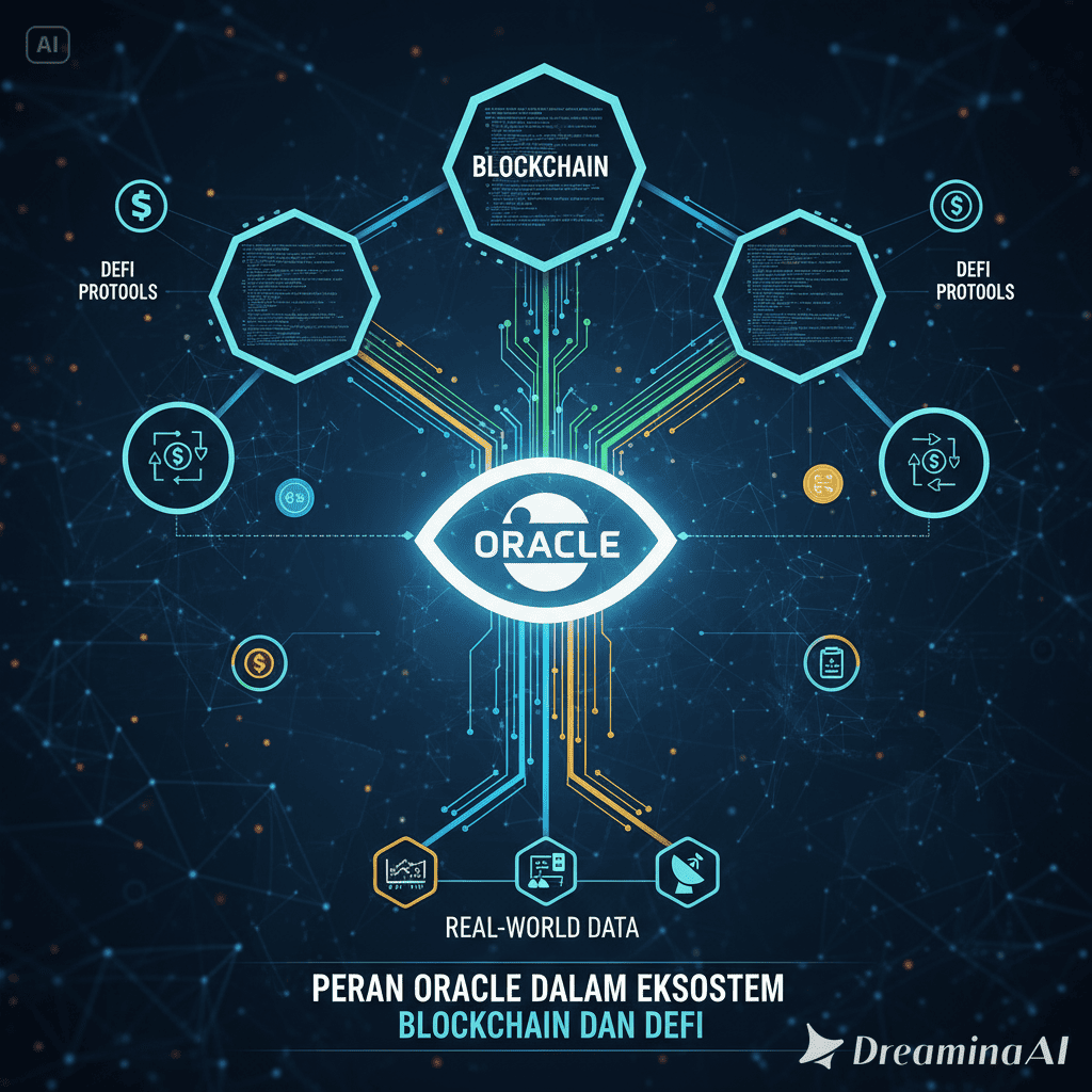 Ilustrasi oracle blockchain sebagai jembatan antara dunia nyata dan smart contract di blockchain.