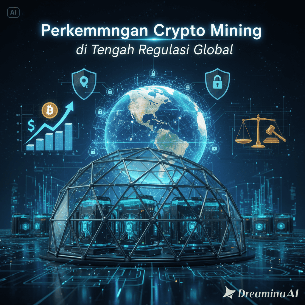 Ilustrasi crypto mining dengan mesin ASIC, simbol Bitcoin, dan regulasi global.
