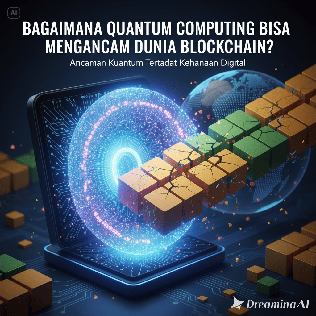 Ilustrasi komputer kuantum yang mengurai blok-blok blockchain dalam jaringan digital futuristik.