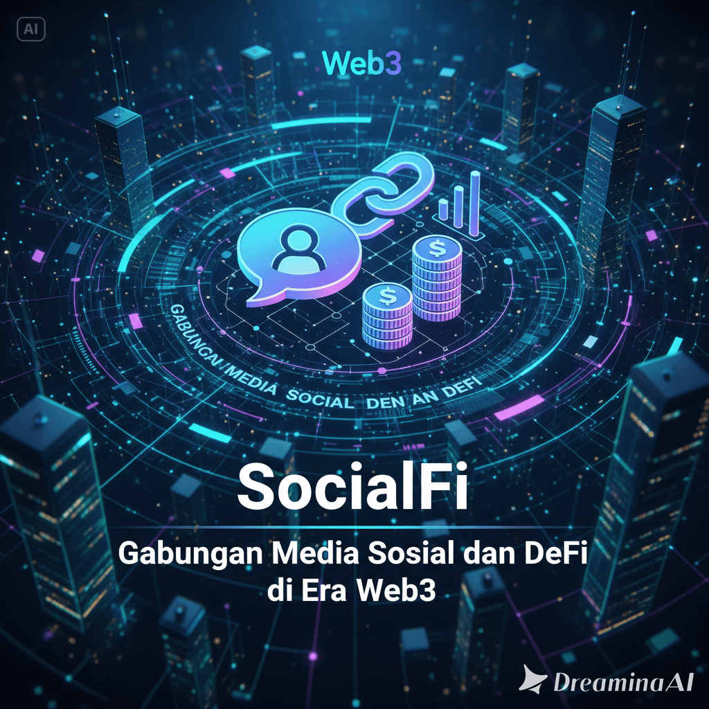 lustrasi SocialFi dengan ikon media sosial terhubung ke blockchain dan token Web3.