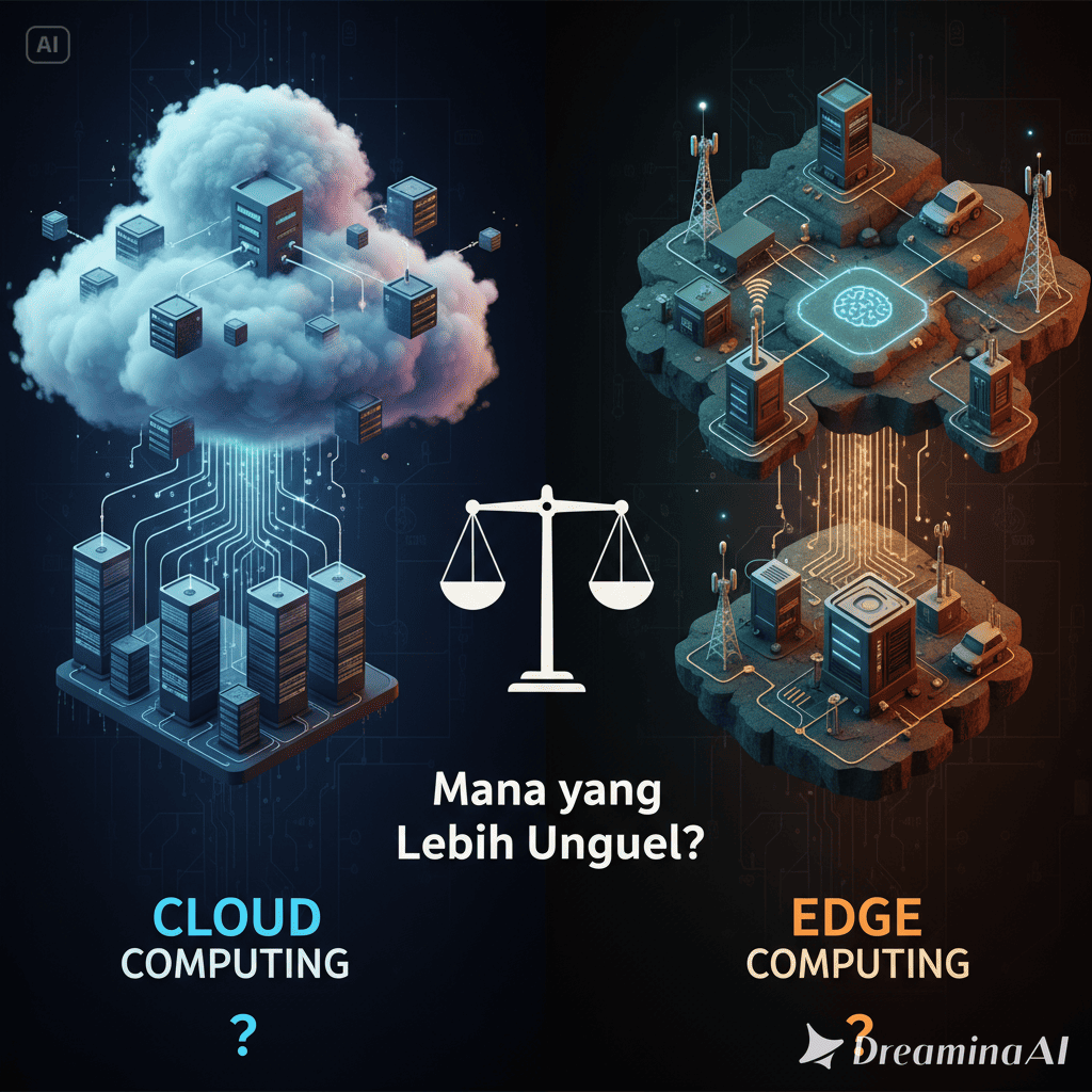 Ilustrasi perbandingan cloud computing dan edge computing dalam infrastruktur digital modern.