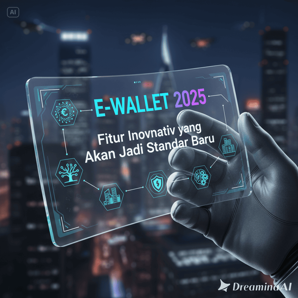 Ilustrasi e-wallet digital modern dengan fitur AI, biometrik, dan konektivitas global.