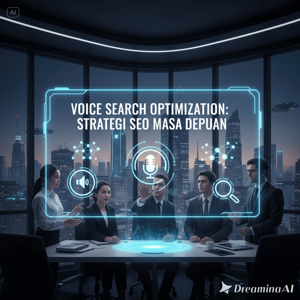 Ilustrasi mikrofon digital dengan simbol SEO dan grafik tren pencarian suara meningkat.