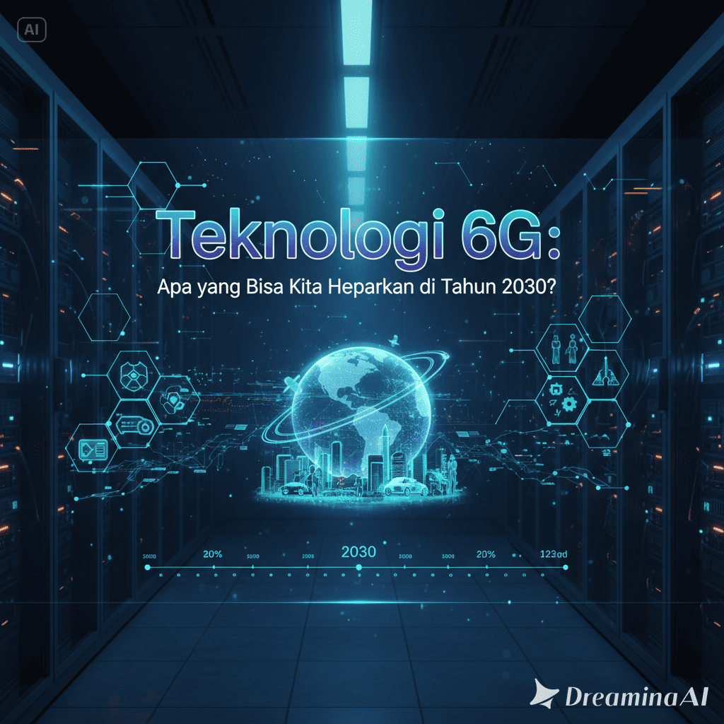 Ilustrasi jaringan 6G dengan menara sinyal futuristik dan hologram data global.