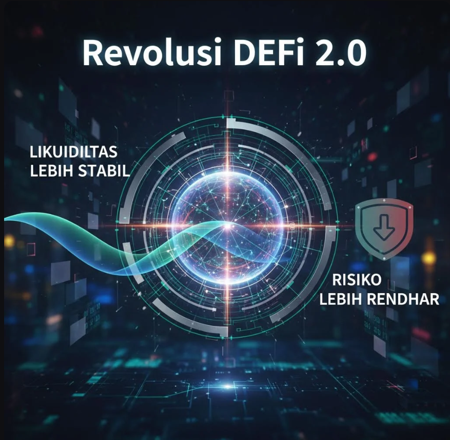Ilustrasi ekosistem DeFi 2.0 dengan grafik likuiditas stabil, token digital, dan smart contract.