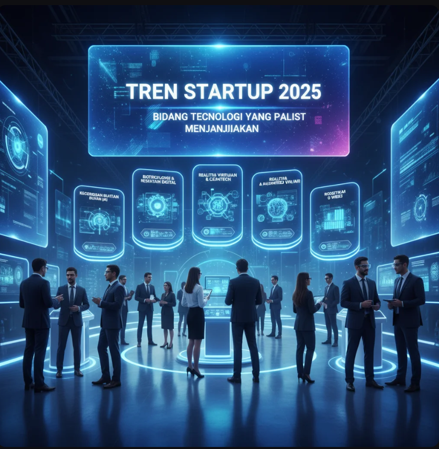 Ilustrasi jaringan digital dengan ikon teknologi startup seperti AI, energi hijau, dan blockchain yang terhubung di atas latar biru futuristik.