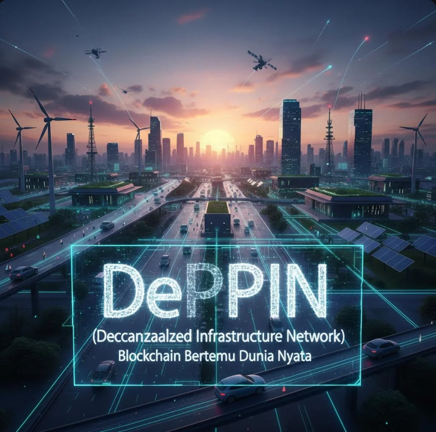 Ilustrasi jaringan blockchain yang terhubung dengan perangkat fisik seperti sensor IoT dan infrastruktur kota