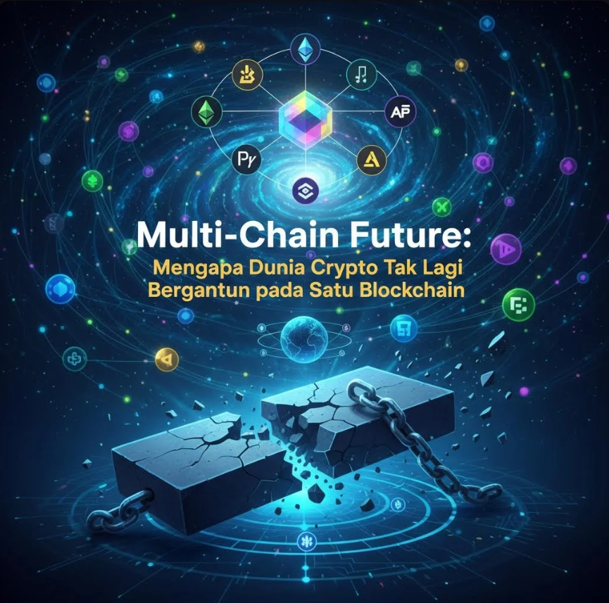 Ilustrasi jaringan blockchain yang saling terhubung dalam ekosistem multi-chain masa depan.