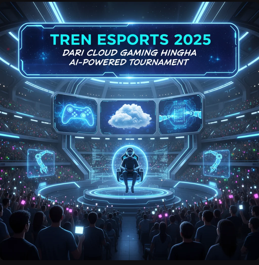 Arena eSports futuristik dengan pemain menggunakan headset VR, layar holografik dan ikon AI di latar belakang.