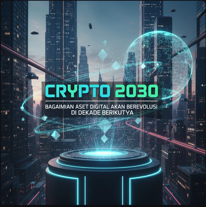 Visual futuristik aset digital dan jaringan blockchain yang berkembang menuju tahun 2030.