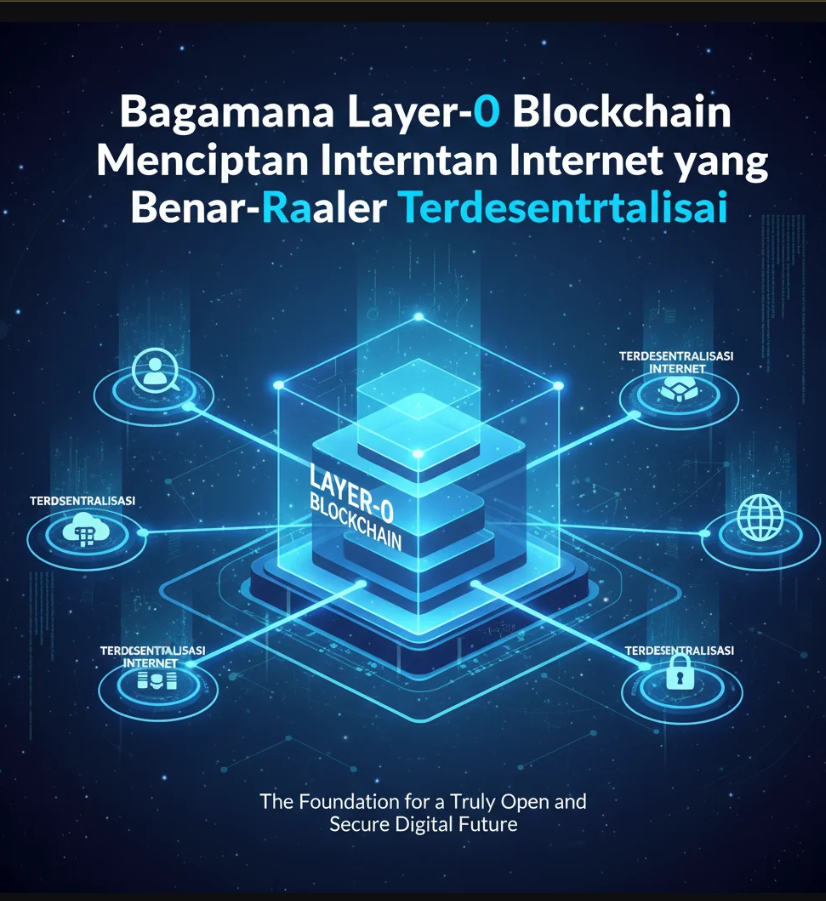 Diagram futuristik jaringan Layer-0 yang menghubungkan banyak blockchain dalam struktur terdesentralisasi
