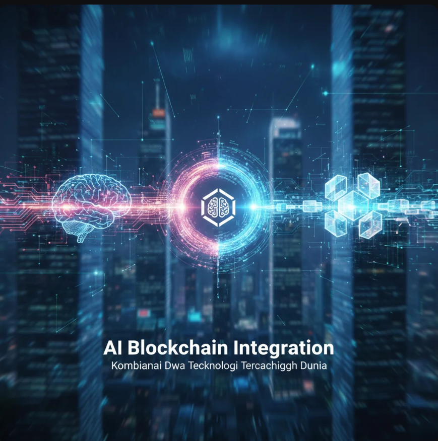 Ilustrasi integrasi AI dan blockchain dalam jaringan digital futuristik.