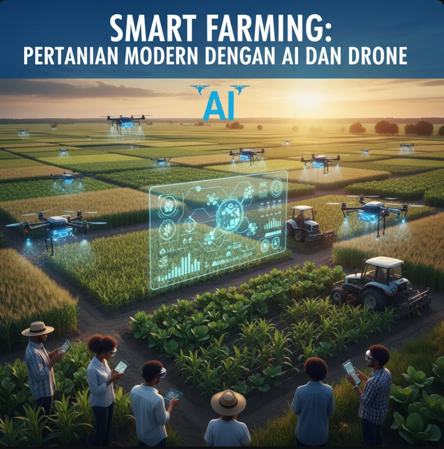Drone terbang di atas sawah hijau dengan sistem pertanian digital berbasis AI.