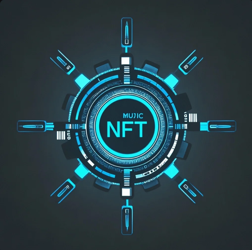 Seorang musisi memegang ponsel dengan tampilan NFT musik, disertai ikon not musik, blockchain, dan grafik royalti