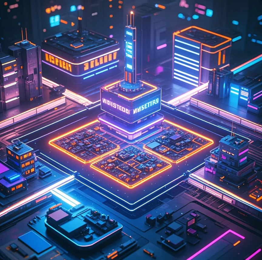 Ilustrasi dunia virtual dengan lahan digital dan avatar berjalan di area metaverse