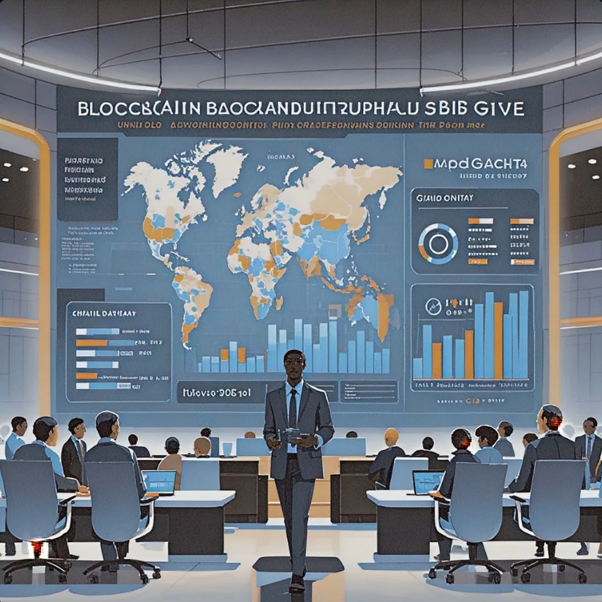 Ilustrasi tangan memberi donasi digital dengan ikon blockchain, peta dunia, dan garis pelacakan aliran dana