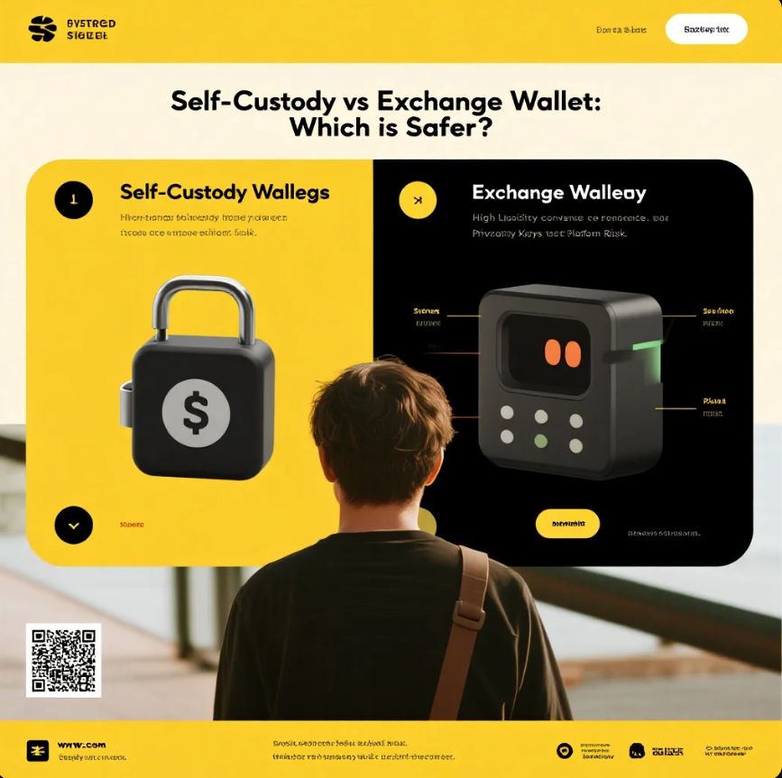 Ilustrasi dompet kripto self-custody dan exchange wallet berdampingan.