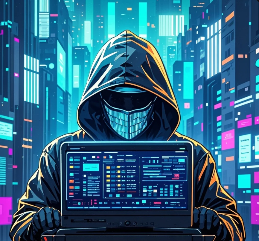 Ilustrasi investigator digital menganalisis transaksi blockchain pada layar dengan ikon wallet dan node