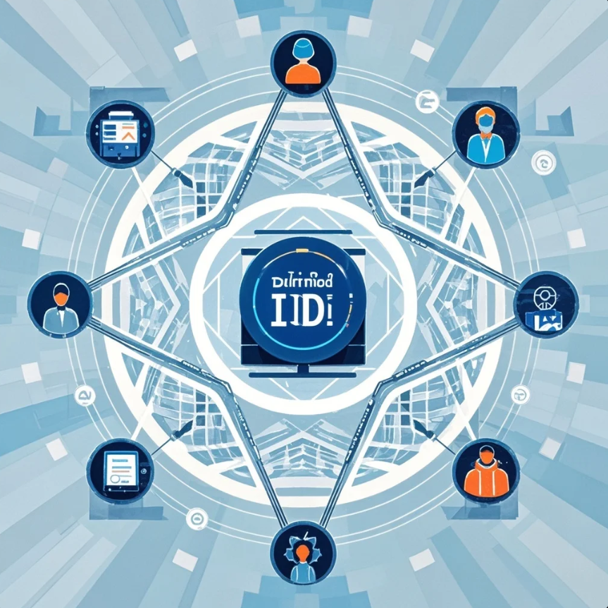 Ilustrasi identitas digital di ponsel dengan ikon verifikasi, rantai blockchain, dan badge ‘verified’ tanpa tumpukan dokumen