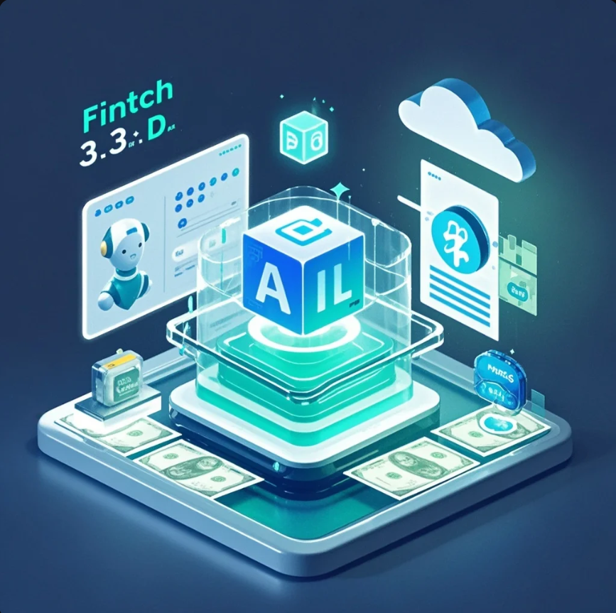 Dashboard fintech modern yang menampilkan AI risk score, transaksi blockchain, dan arsitektur cloud dalam satu tampilan