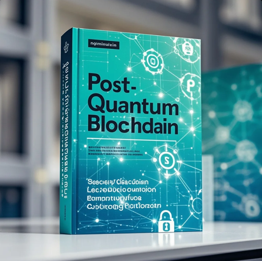 Ilustrasi rantai blockchain dengan perisai digital dan simbol kuantum, menggambarkan keamanan pasca-kuantum