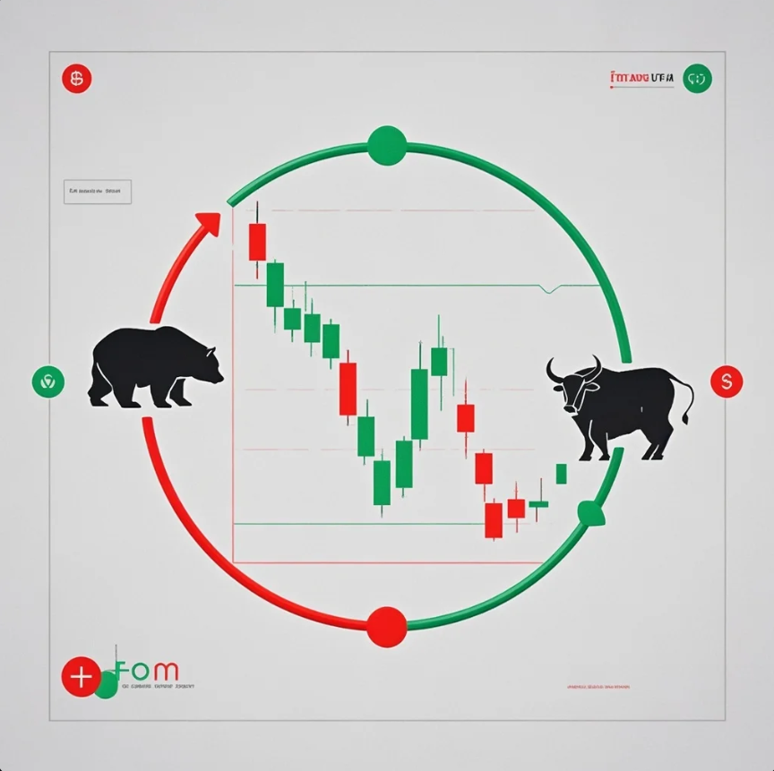 Grafik harga crypto naik dan turun dengan ikon bull dan bear, serta investor yang menganalisis chart